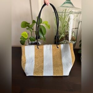 Striped Tan and baby blue Tote Bag with Black Bungee Handles